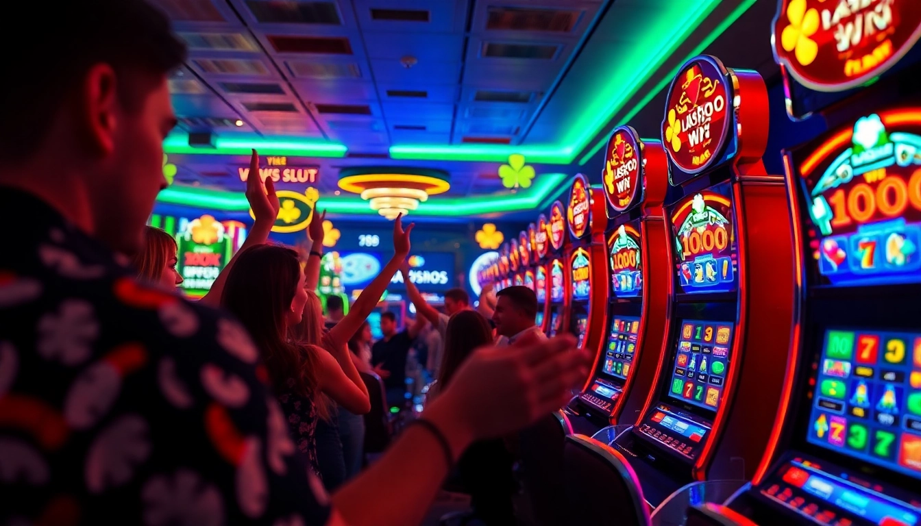 Exciting gaming atmosphere with players at hoki138 slot machines, vibrant colors and ambient lighting.