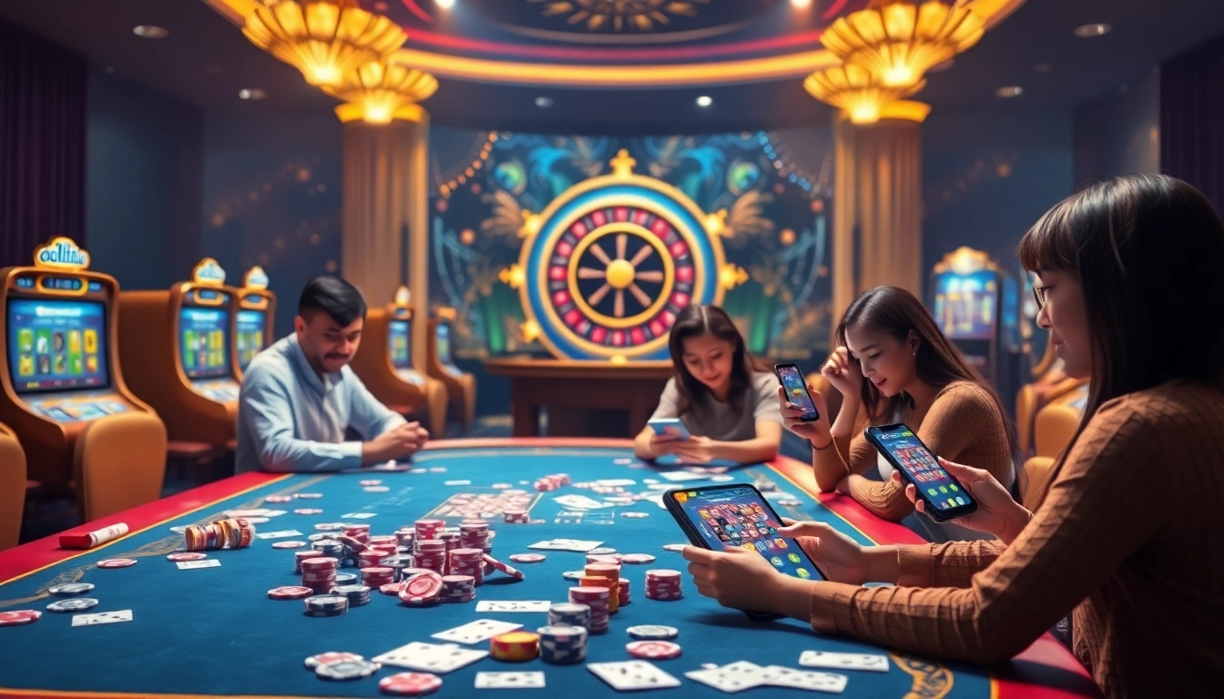 Engaging scene showcasing the app 98win with players enjoying casino games on mobile devices.