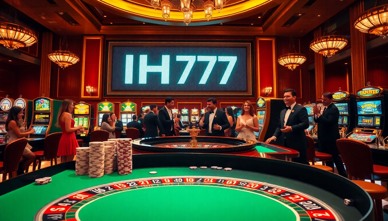 Players enjoying a thrilling experience at IH777 casino, surrounded by gleaming slot machines and poker tables.