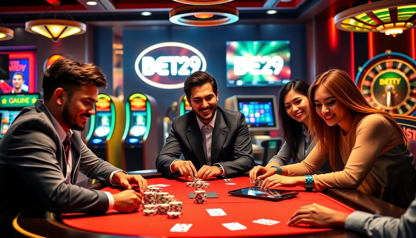 Experience the excitement of BET29 with a vibrant poker scene featuring players, chips, and cards.