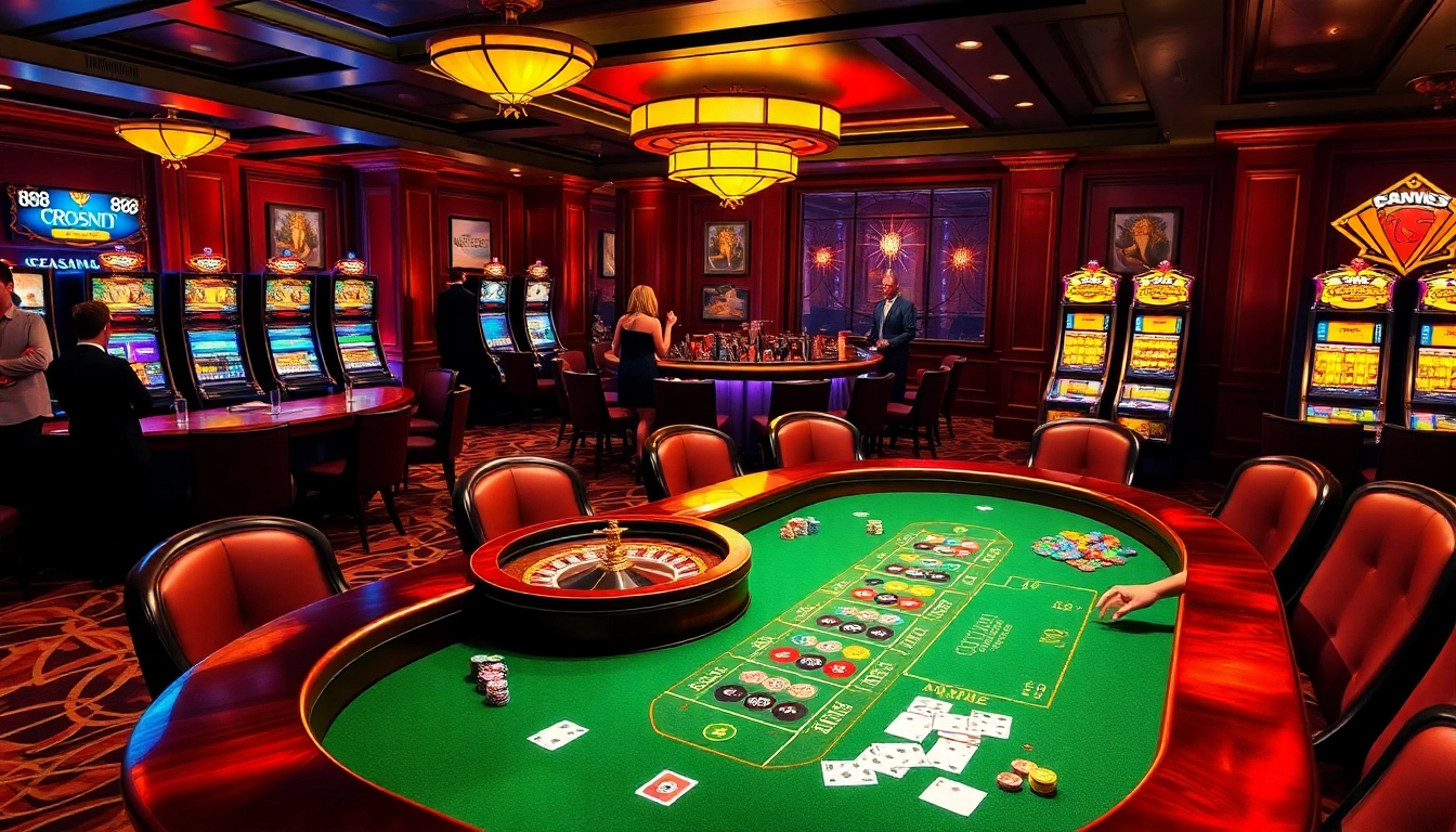 Experience luxury gaming with 888 new at a vibrant casino featuring poker tables and slot machines.