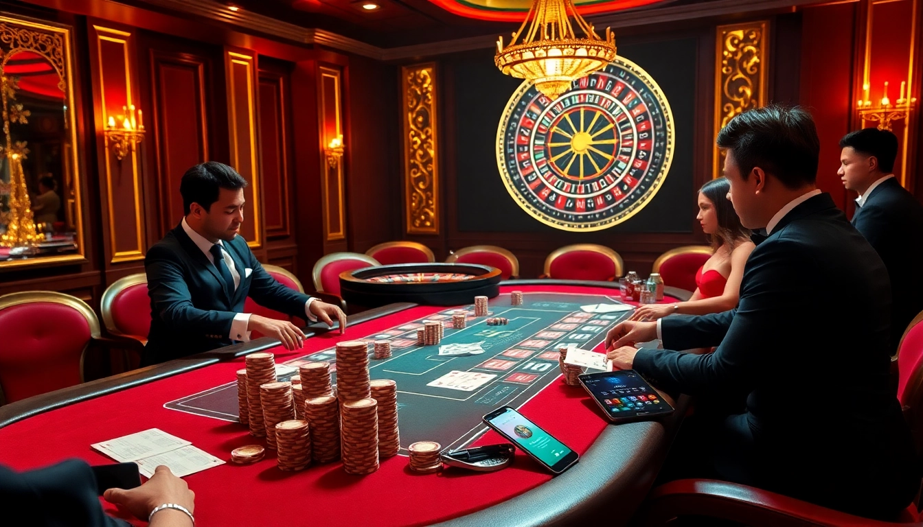 Experience the excitement of "ink vao 12bet" as players engage at a luxurious casino table with vibrant poker chips and a lively atmosphere.