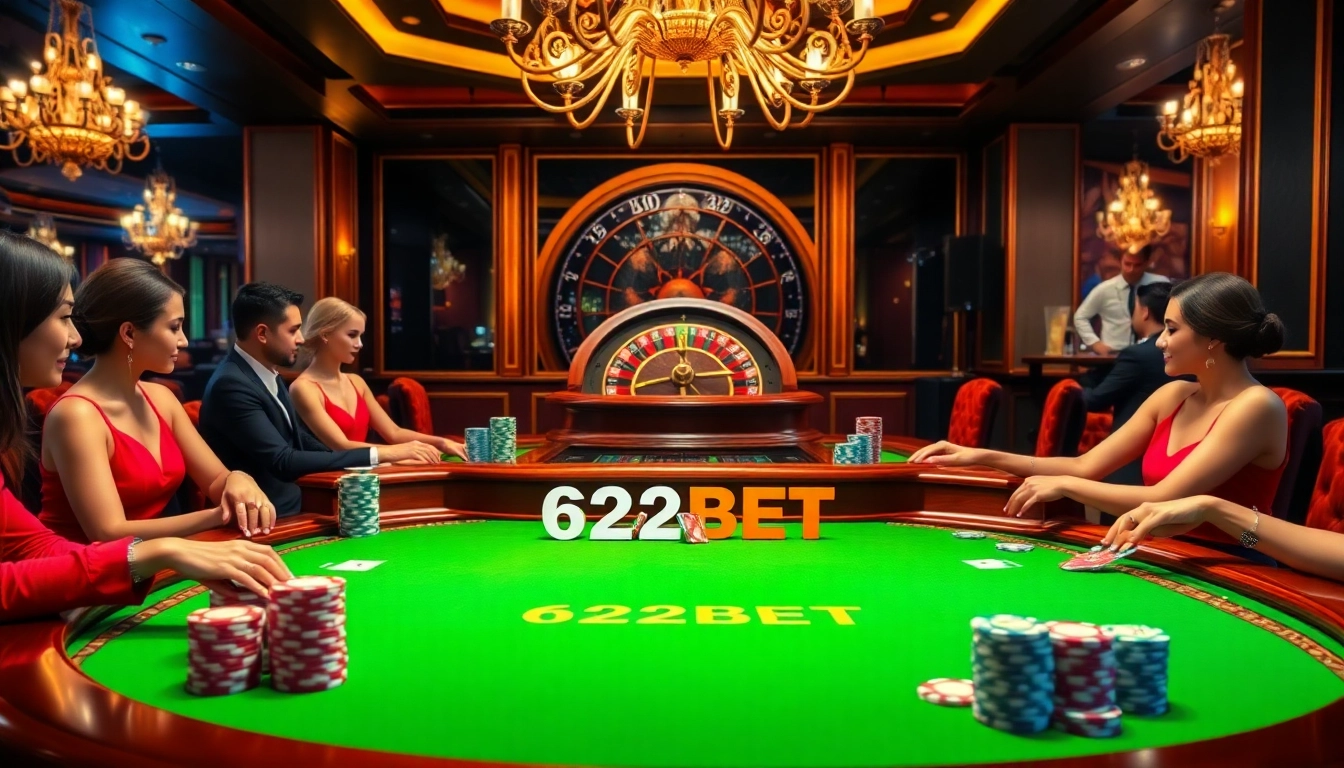 Experience the thrill at 622BET with vibrant poker chips and an elegant casino backdrop.