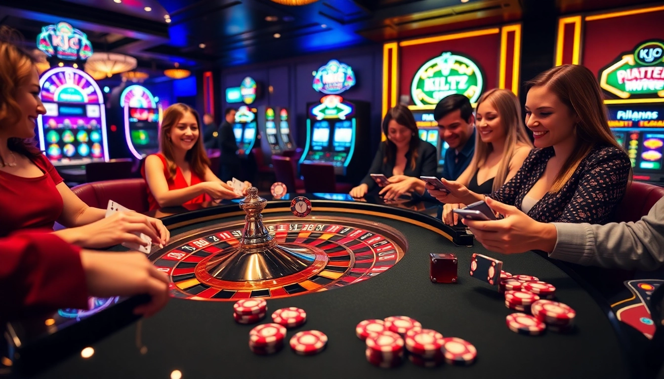 KJC players enjoying a thrilling game at a luxury casino roulette table, showcasing excitement and vibrant atmosphere.