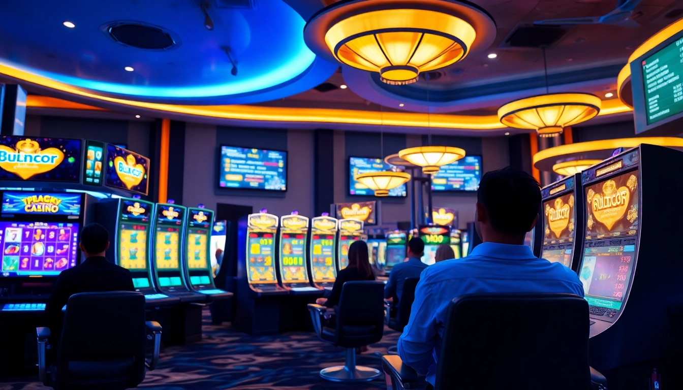 Experience the excitement of bolagacor with a modern online gambling scene showcasing sleek gaming setups and engaging players.