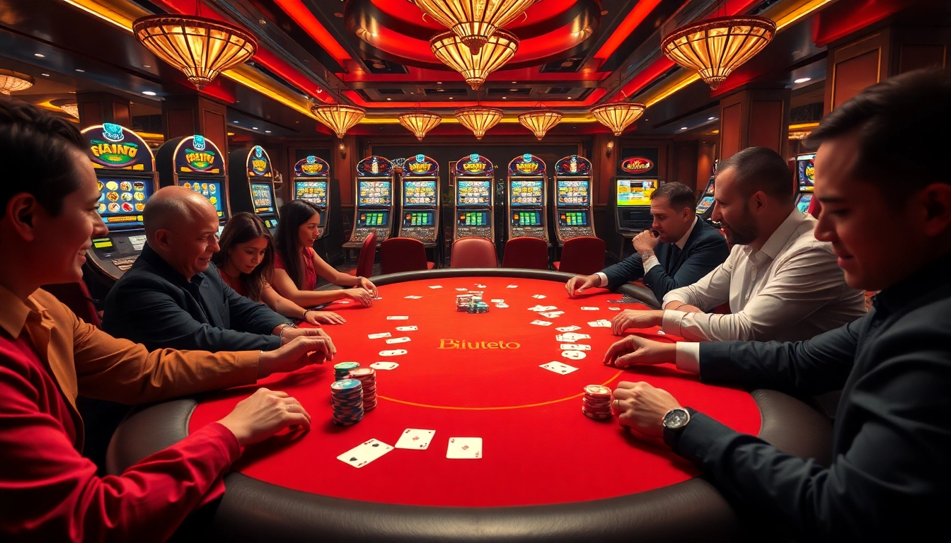 Players enjoying a thrilling poker game at a luxurious casino table featuring birutoto gaming elements.