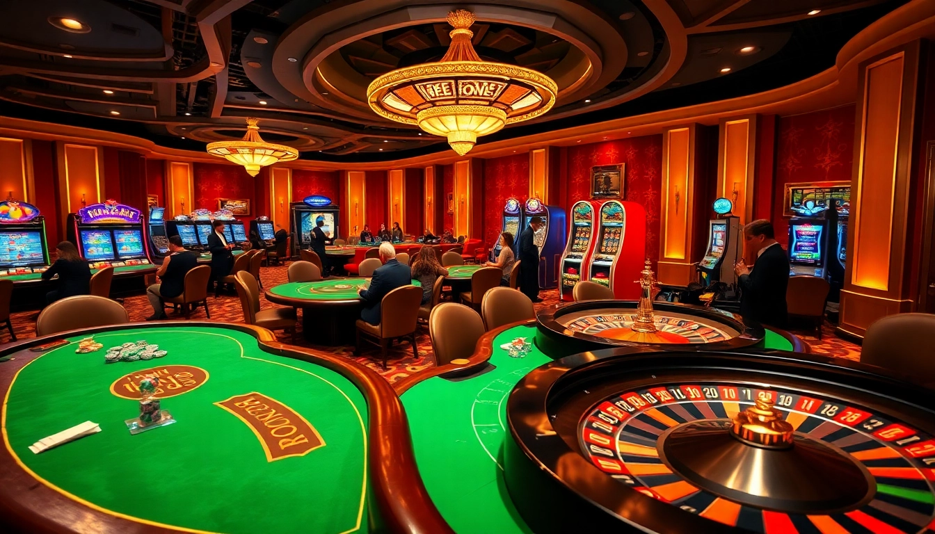 Eye-catching casino scene showcasing the gaming excitement at https://kkwin.co.com/ with poker tables and roulette wheel.