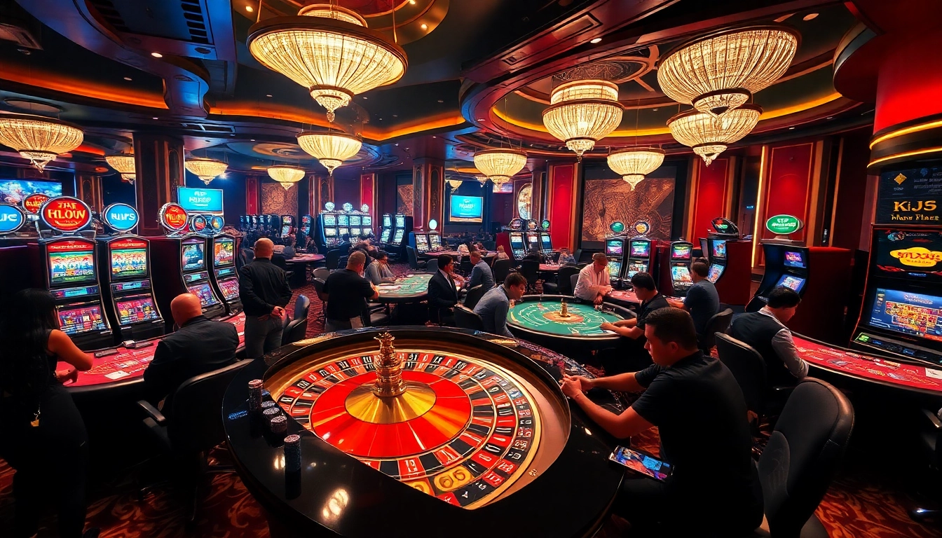 KJC gaming members enjoying high-stakes excitement at a luxurious casino with roulette and vibrant tables.