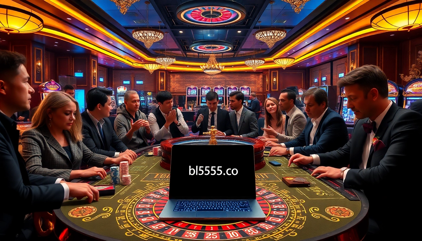 Experience the excitement of gambling at bl555.com with players engaging at a lavish casino table.