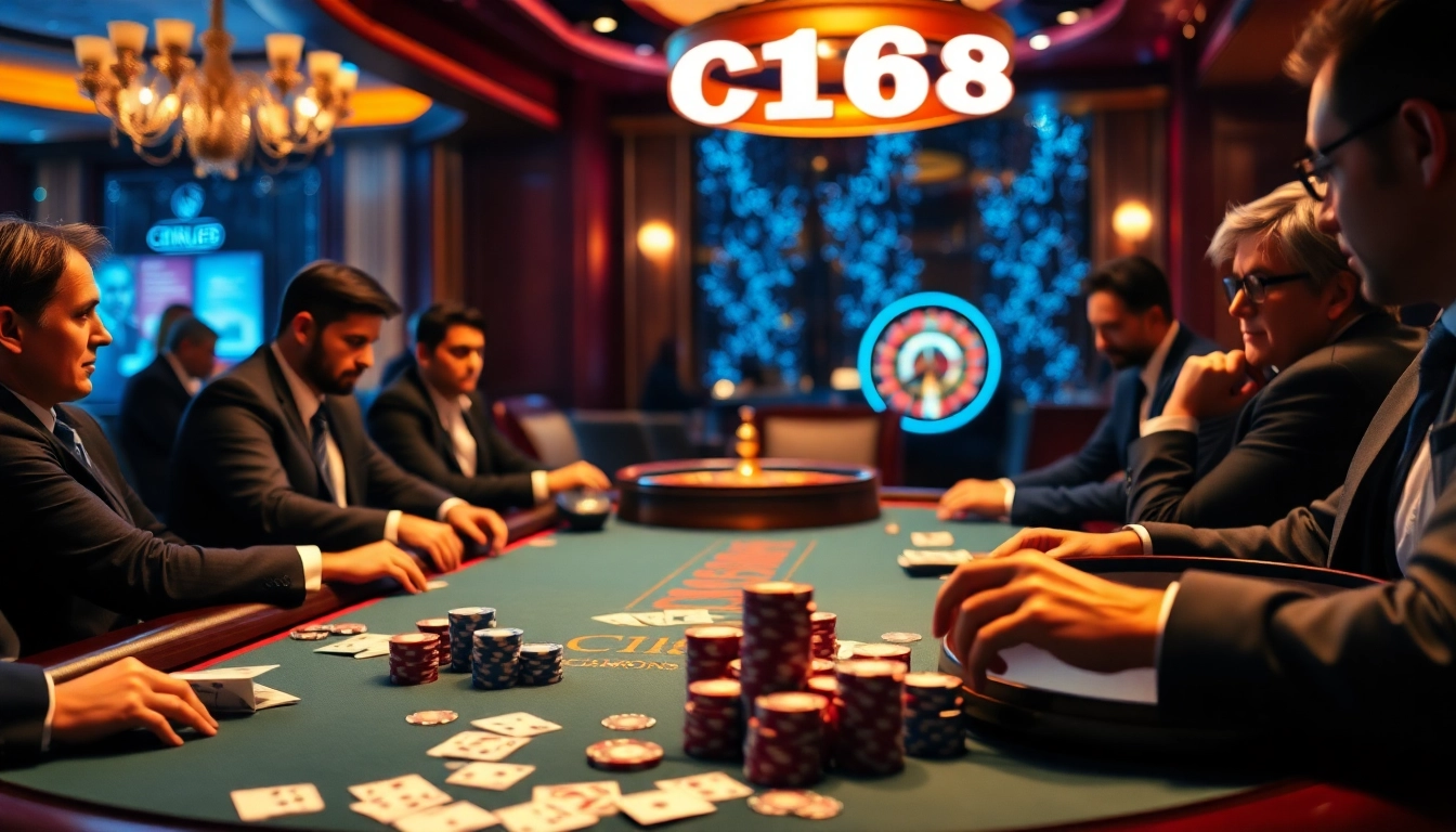 Experience strategic gameplay at the C168 poker table with vibrant chips and cards.