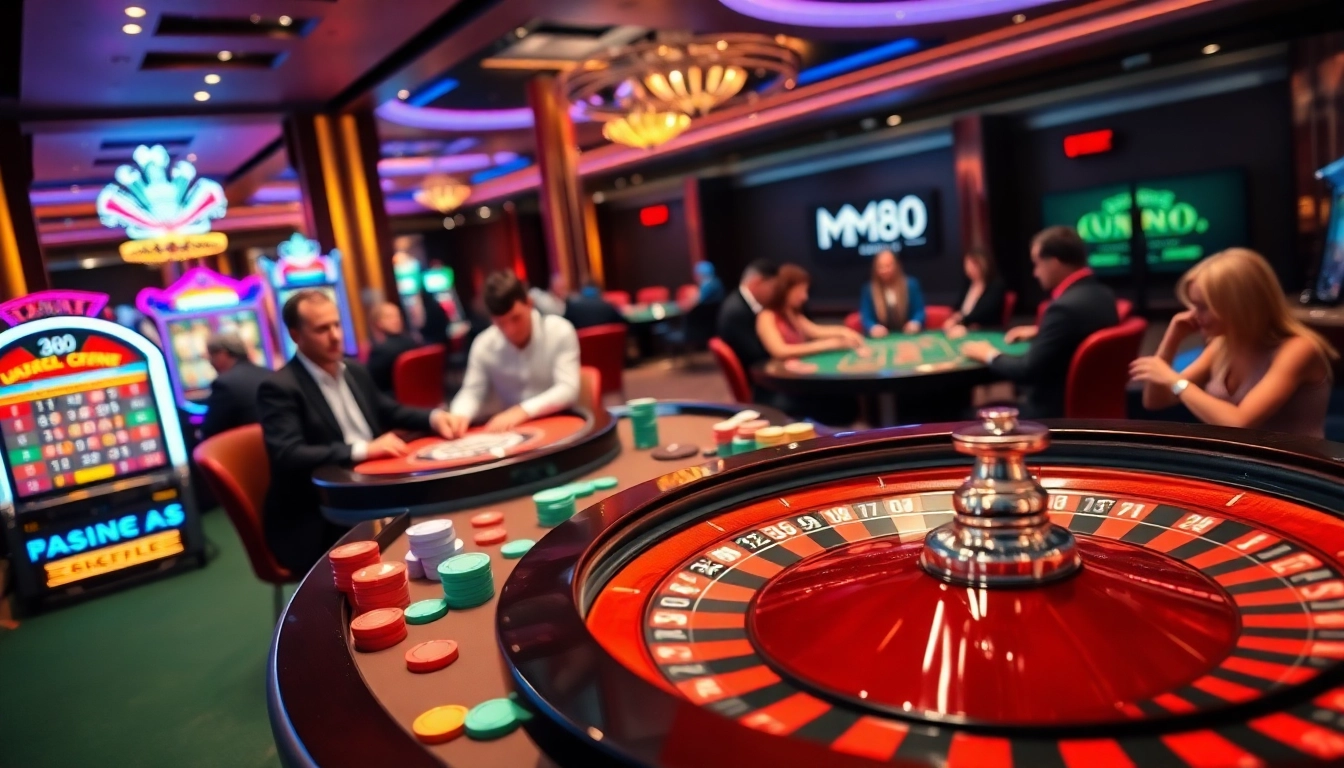 Players enjoying the thrill of gambling at MM88 casino tables with vibrant decor.