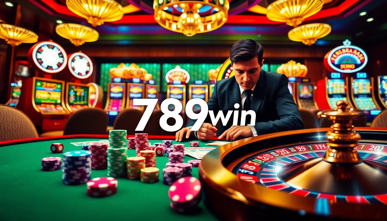 Engaging players at the 789win casino table with poker chips and roulette wheel.
