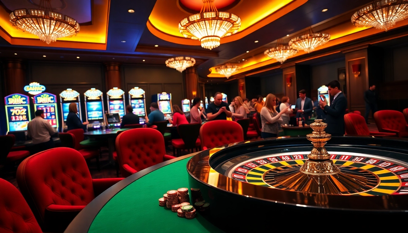Cảnh hấp dẫn của người chơi sử dụng ứng dụng Bet VIP tại một casino sang trọng, với các máy đánh bạc sống động và bàn roulette.
