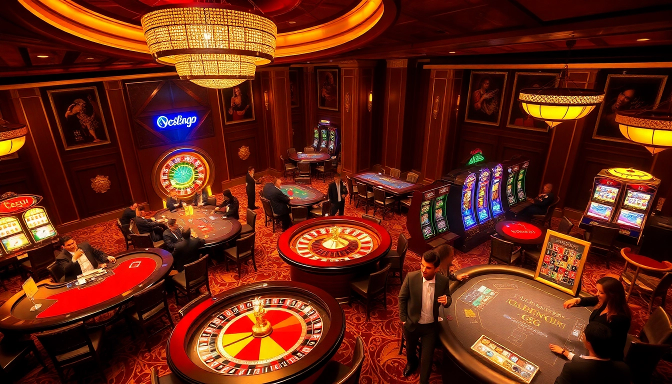 Gamblers enjoying poker and roulette at Clubmastersgg.com themed vibrant casino floor.