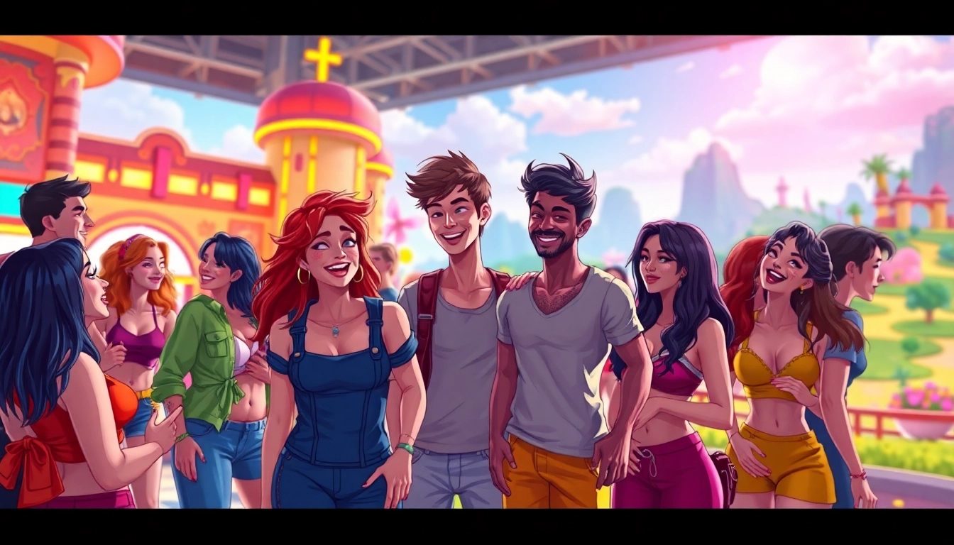 Dynamic scene from a porn game featuring diverse characters in a vivid virtual landscape.