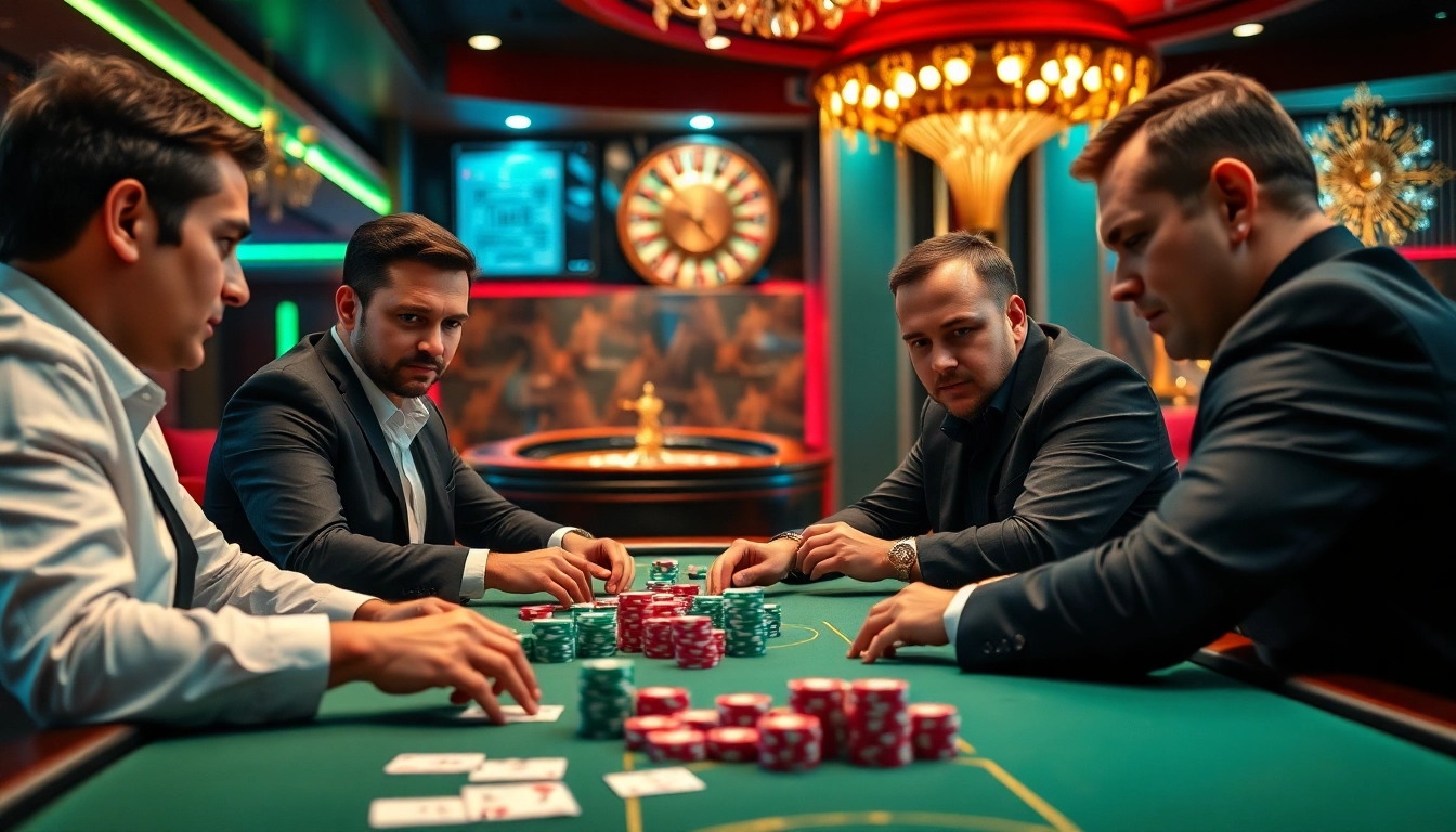 Players strategize at a poker table, embodying the excitement of gambling at https://urr88.com/ with vibrant casino elements.