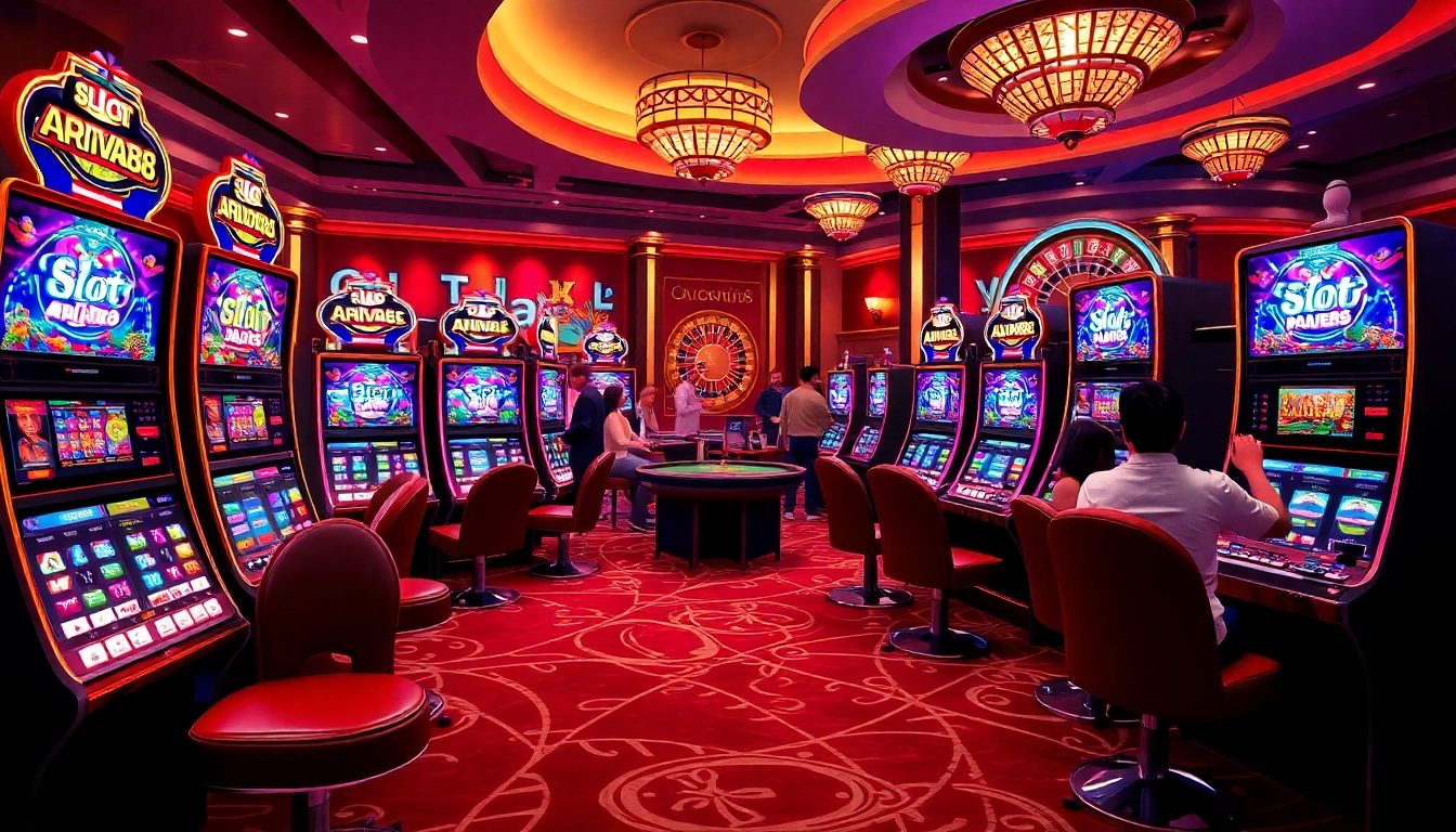 Excited players enjoying the slot apiraja88 games in a vibrant casino atmosphere.