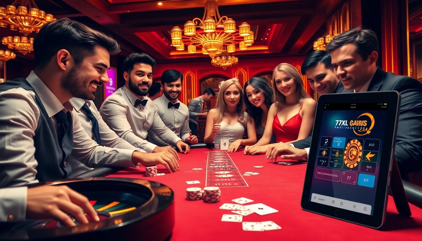 סצנת פוקר מרגשת בה מוצגת אפליקציית 7XL ואווירת קזינו דינמית עם שחקנים מעורבים.