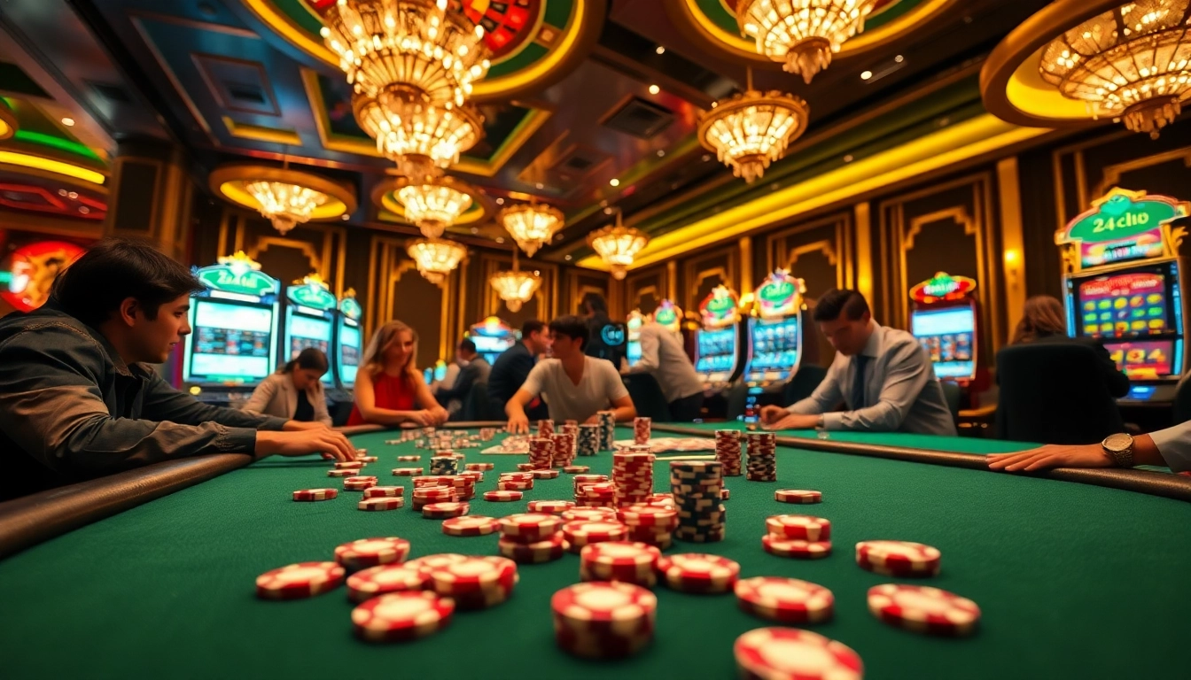 Người chơi cá cược đang tận hưởng một ván chơi sôi nổi tại sòng bạc 24kclub với bàn cược rực rỡ và máy đánh bạc.