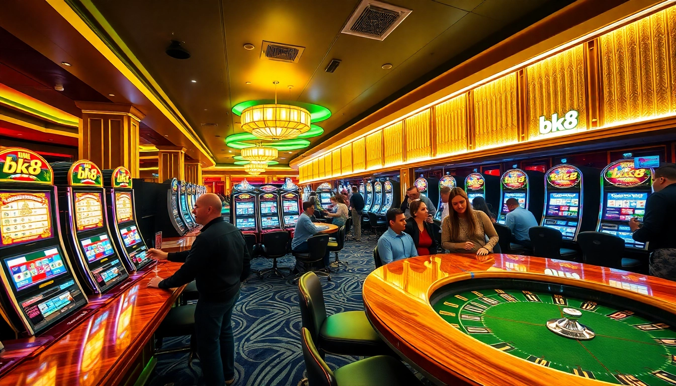 Experience thrilling bk8 สล็อต action with colorful slot machines and enthusiastic players in a glamorous casino setting.