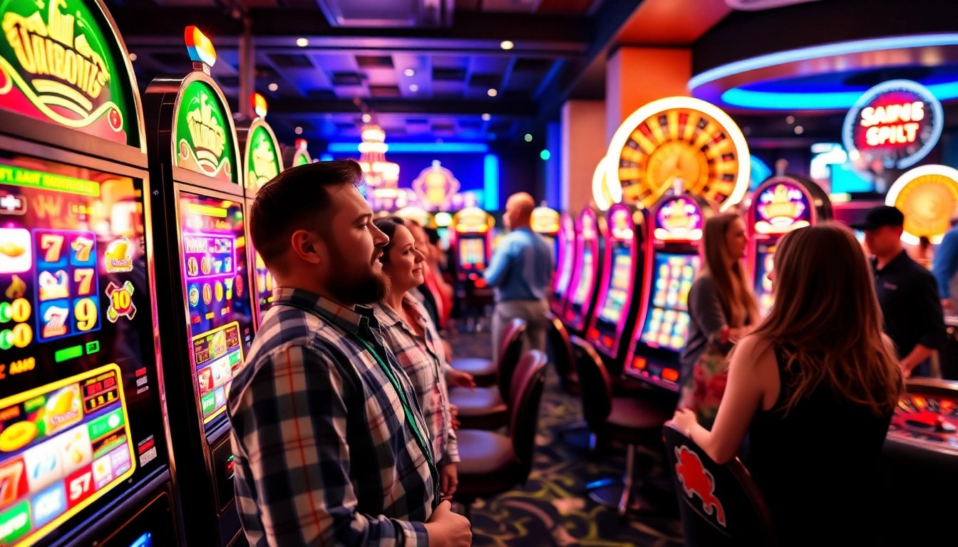 Players experience excitement at slot apiraja88 machines in a vibrant casino atmosphere.