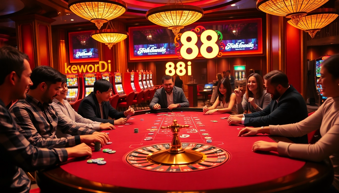 Players experiencing intense excitement at the 88i casino poker table with chips and a roulette wheel.