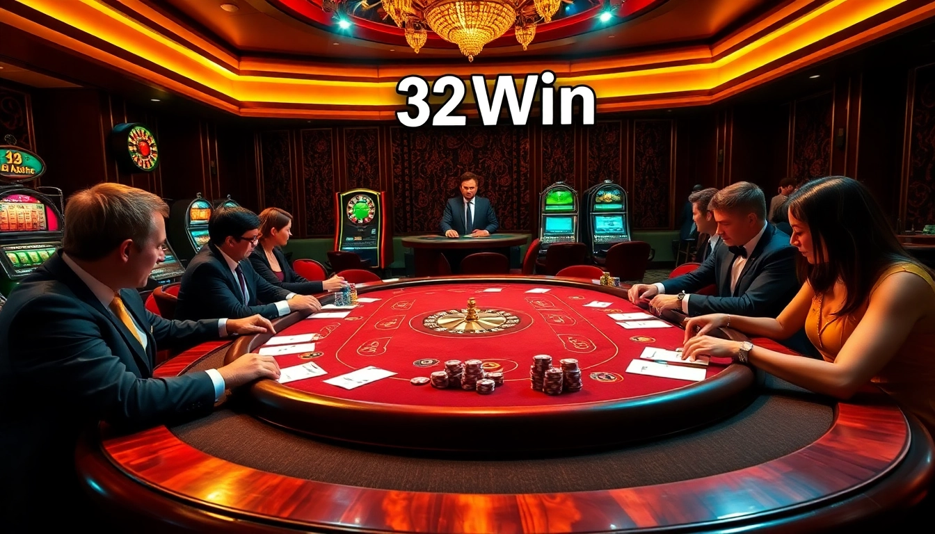 Players strategizing at a poker table with 32 Win chips in a luxurious casino setting.