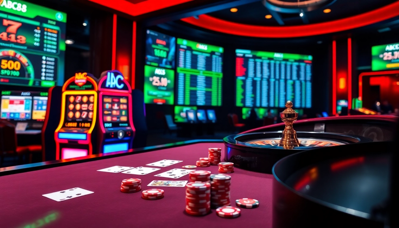 Experience thrilling gambling action at ABC8 with vibrant poker chips and a roulette wheel.