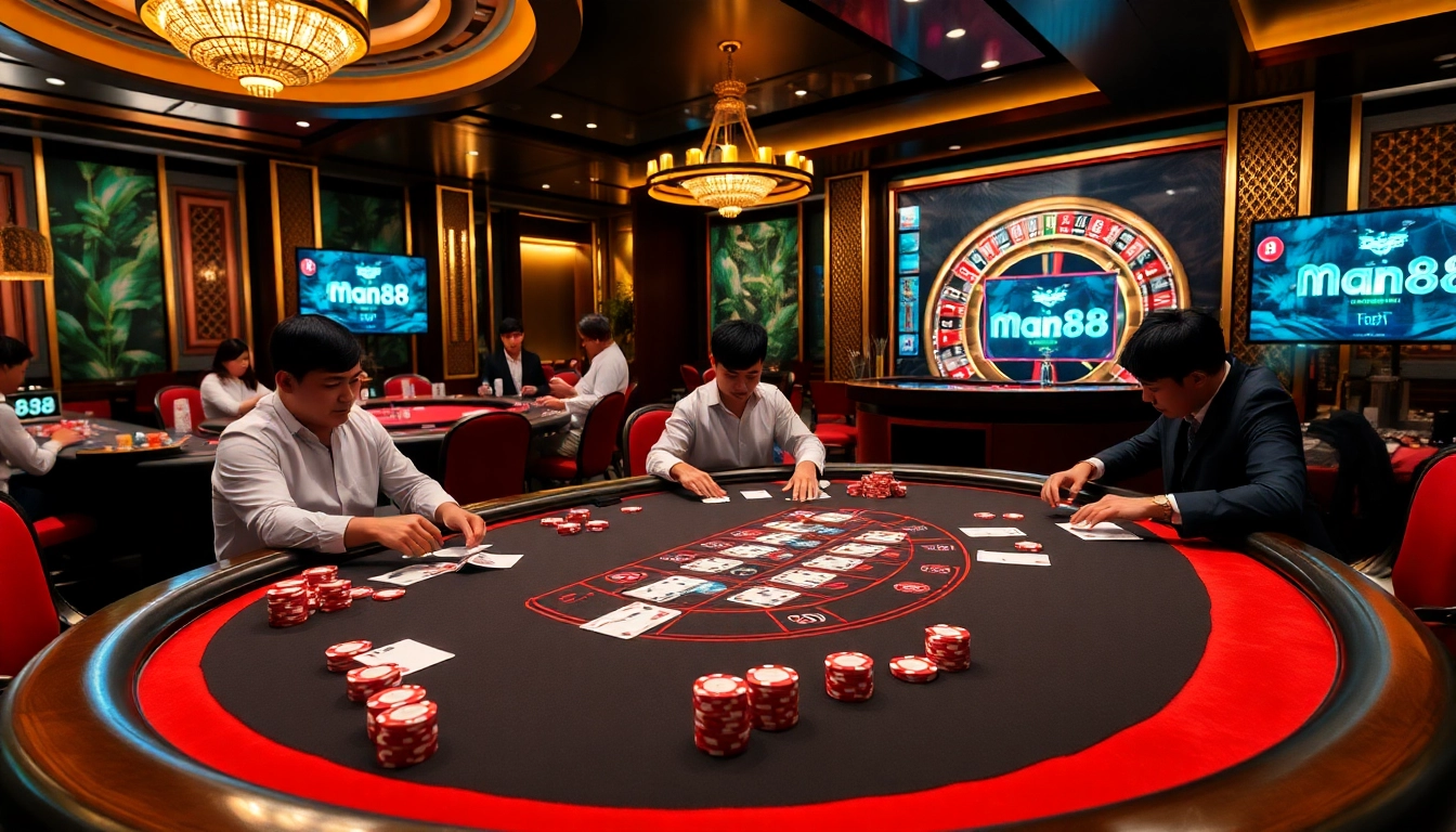Engaging scene at nhà cái Man88 casino showcasing thrilling blackjack and roulette games.