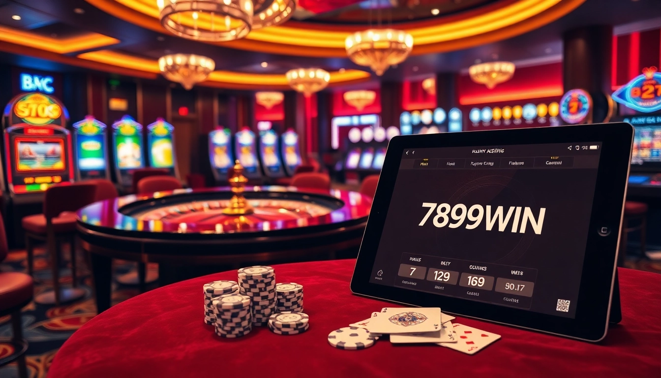 Players enjoying the thrilling games at 789WIN casino, showcasing roulette, cards, and vibrant slot machines.