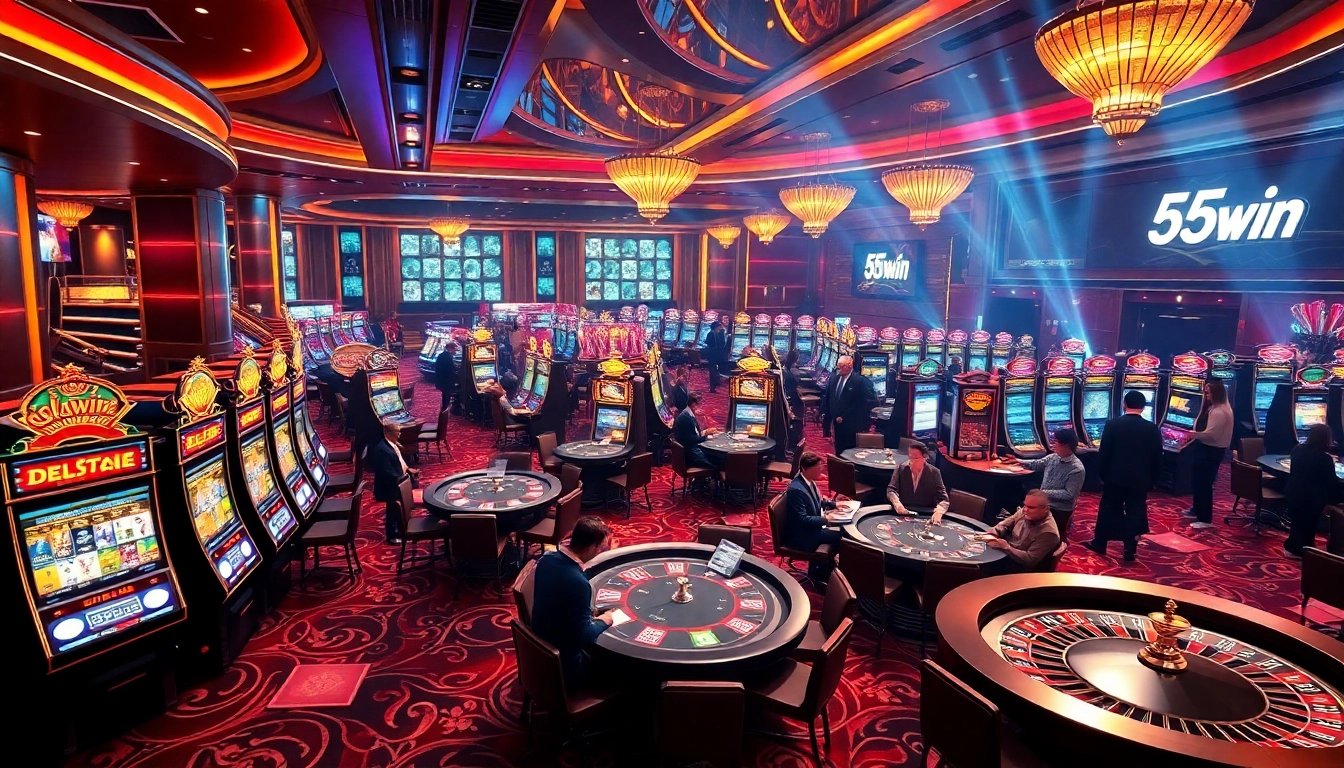 Exciting casino scene with 555win elements featuring players engaging at tables and slots.