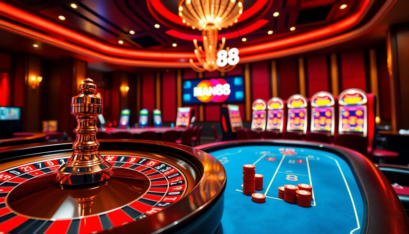 Engaging casino scene showcasing nhà cái Man88 with poker table and vibrant online betting interface.