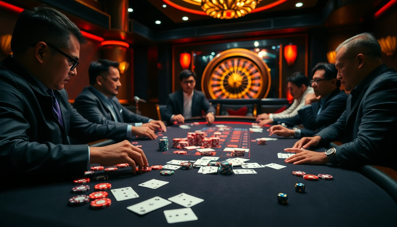 Professional gamblers strategizing high-stakes poker at Man88's luxurious casino table.