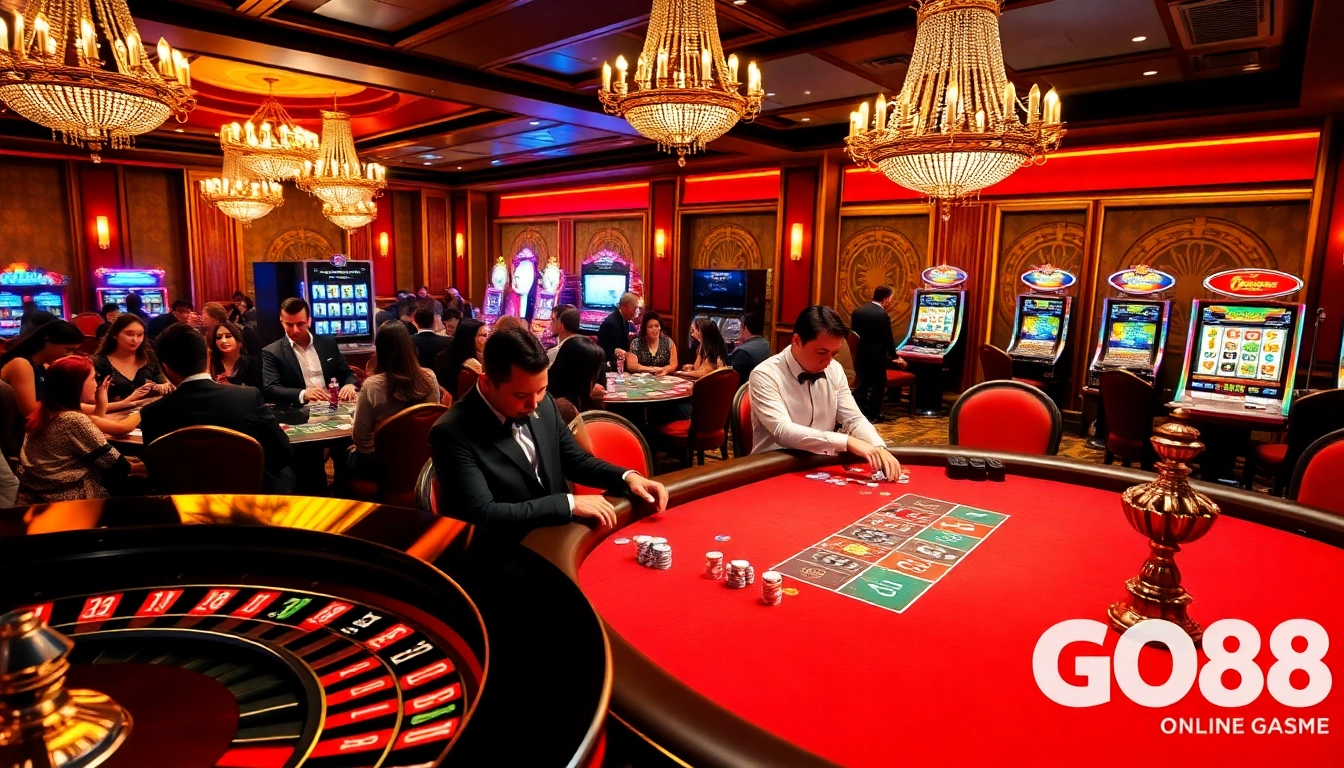 Experience the thrill of winning at GO88 with lively casino gameplay, vibrant poker chips, and card dealers.