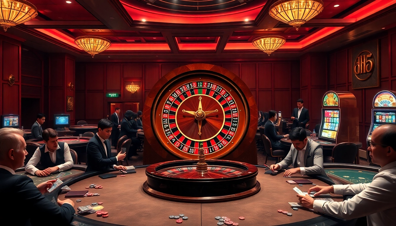 Experience the excitement of trang chủ king88 with a luxurious casino environment featuring poker games and a roulette wheel.