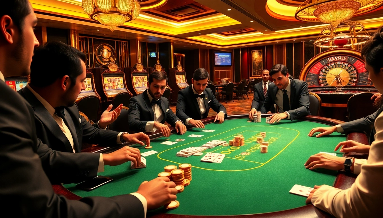 Experience the thrill of gambling at https://nh88.net/ with players at a luxurious poker table.