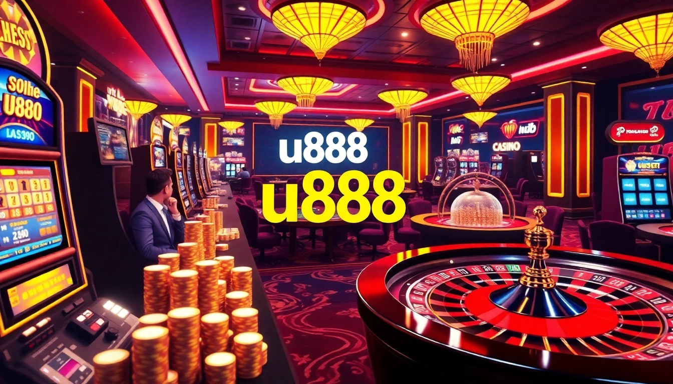 Action-packed u888 gaming scene with players at poker tables and vibrant slot machines.