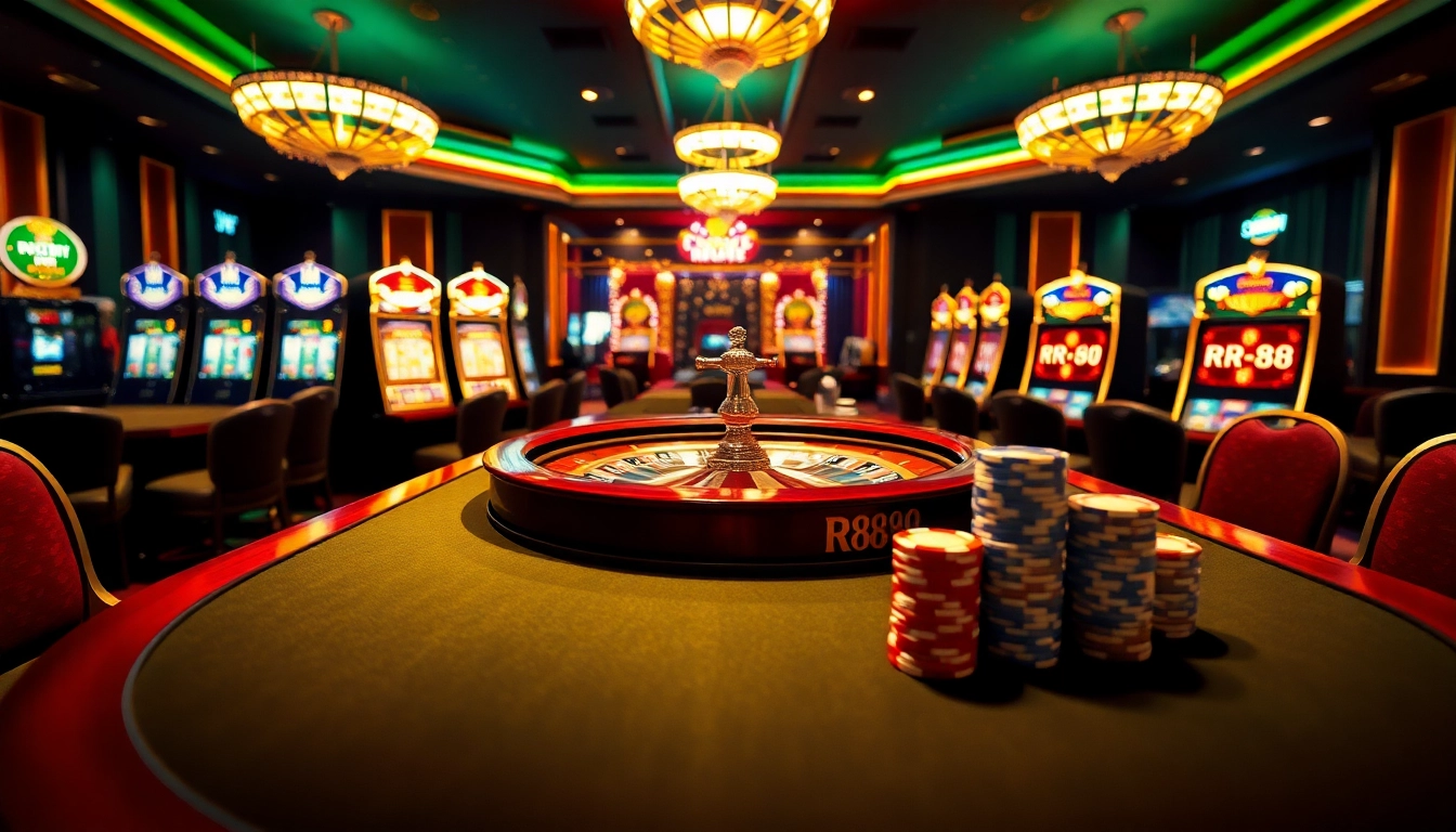 RR88 gaming excitement with roulette, chips, and slot machines in a luxury casino.