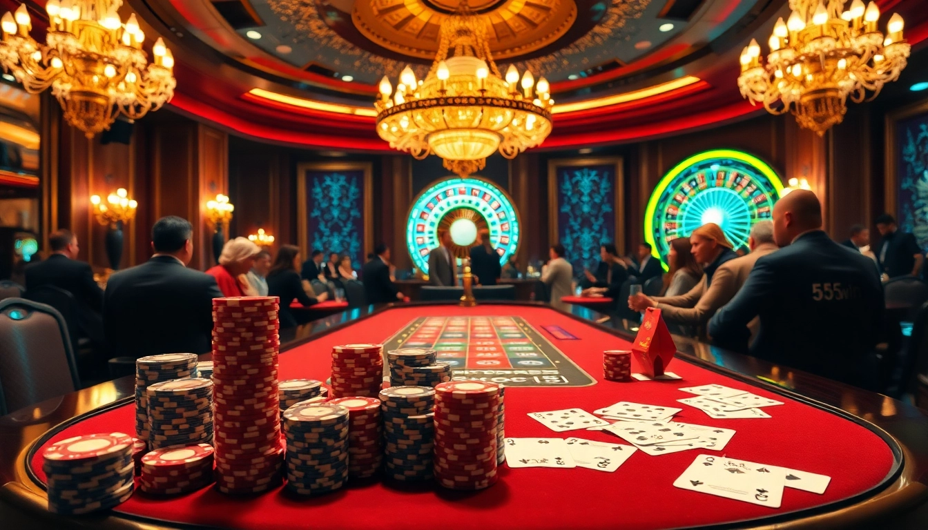 Exciting poker game scene featuring 555win themed chips and luxury ambiance.