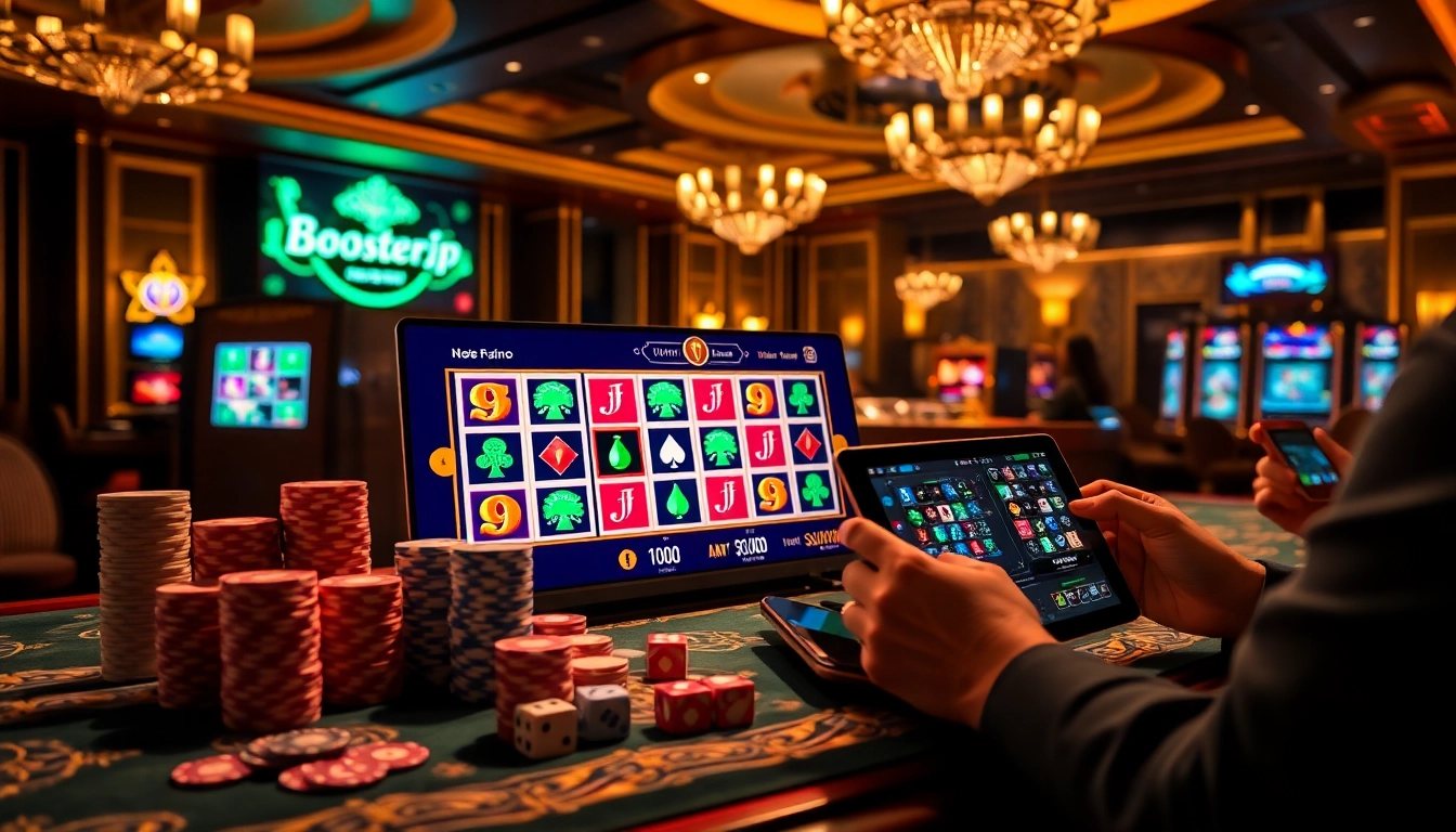 Play the exciting BoosterJP slot game with vibrant visuals and engaging casino elements.