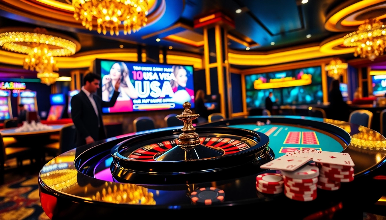 Exciting casino scene highlighting the tourist visa USA from Australia with roulette, poker chips, and lively ambience.