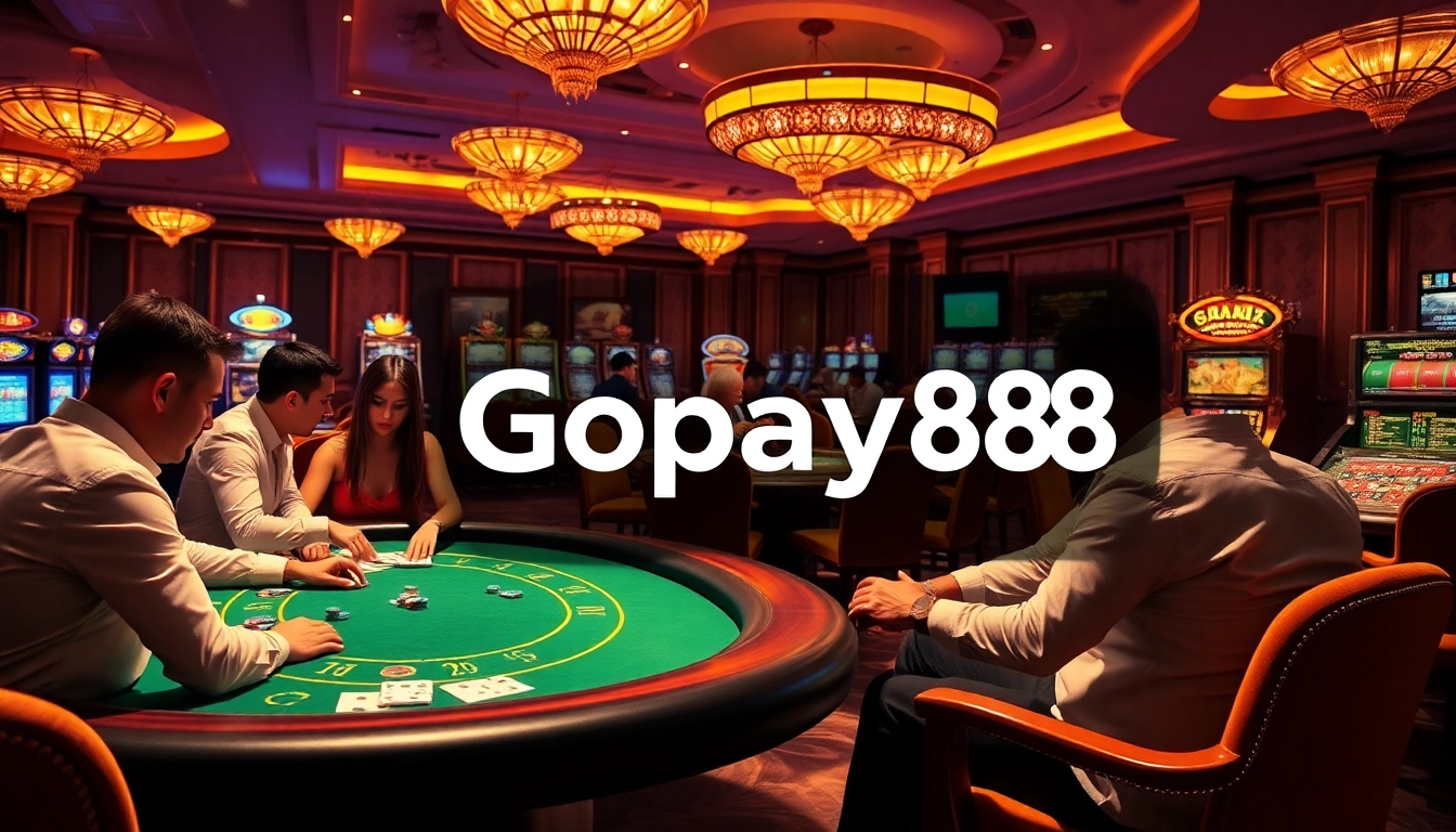 Gopay88 players enjoying a luxury casino experience with poker chips and cards.