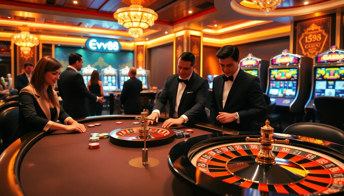 Players excitedly engage at an Ev88 poker table surrounded by luxurious casino elements.