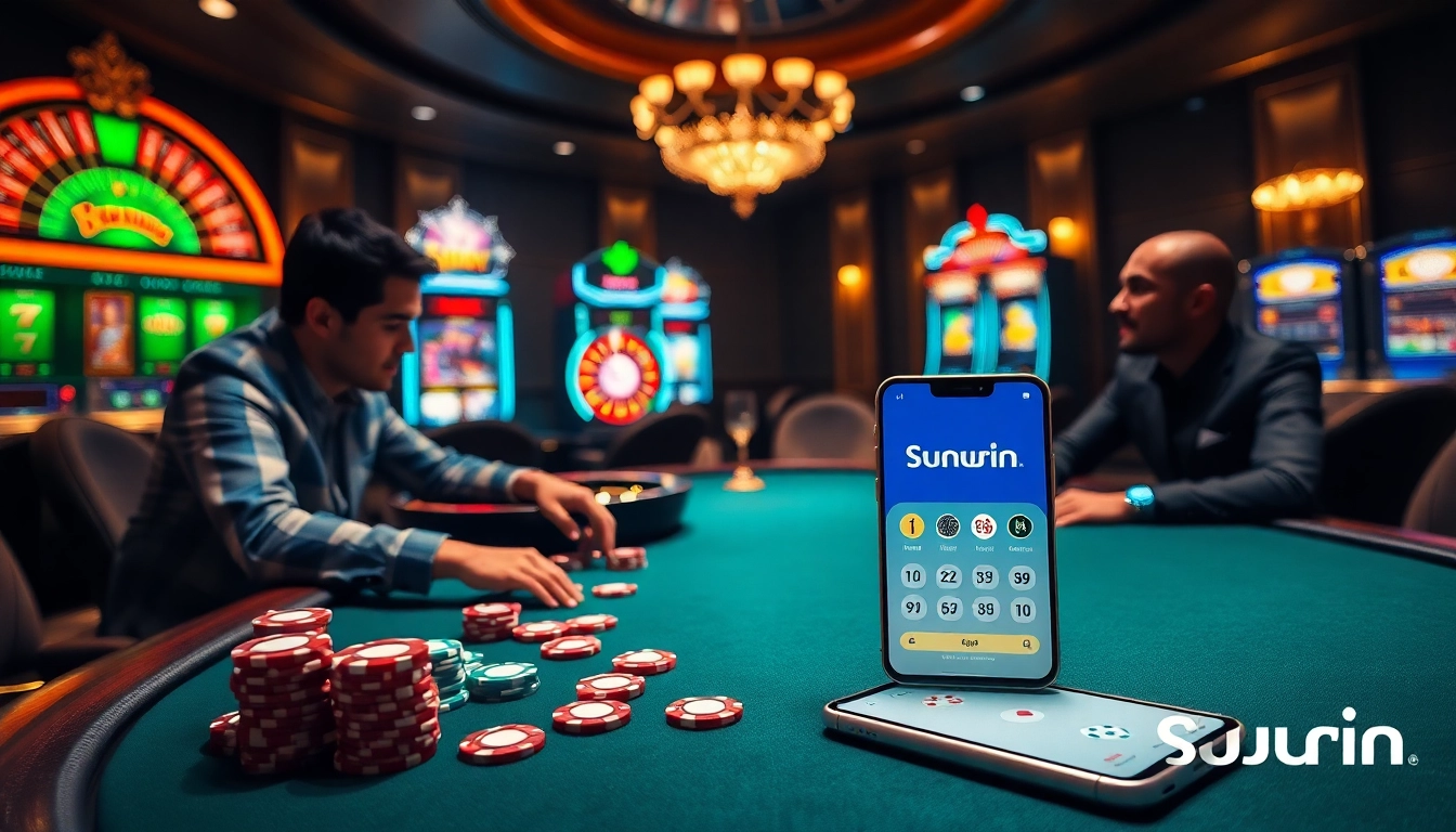 sunwin players enjoying a high-stakes poker game with vibrant casino elements