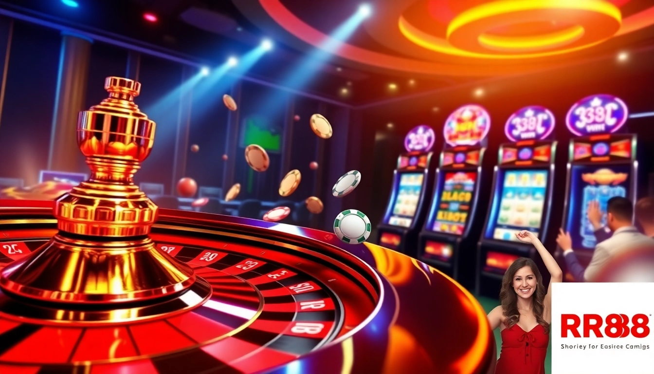 RR88 players enjoying an exciting online casino experience with vibrant roulette, poker chips, and slot machines.
