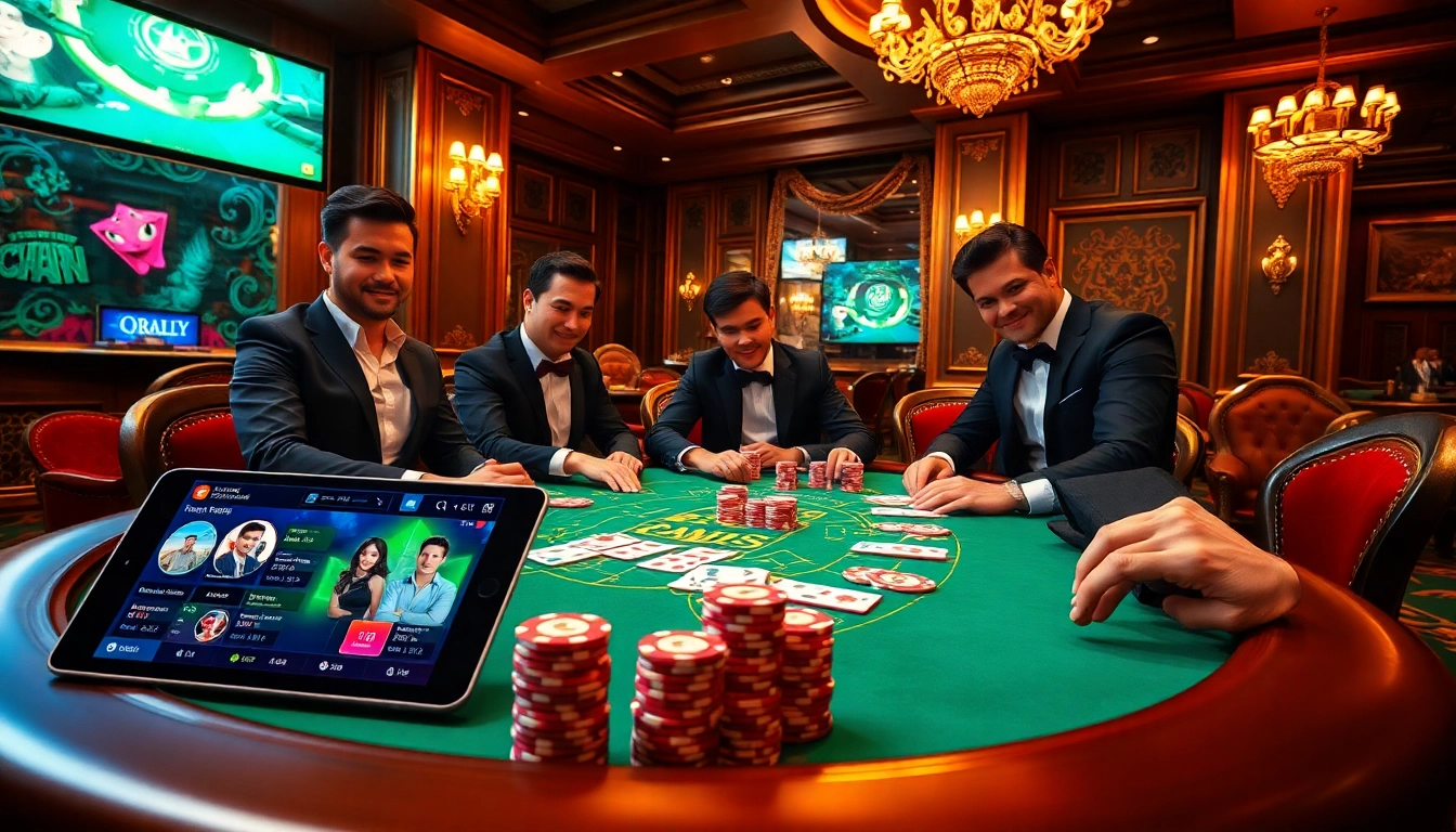 מעורבות שחקנים ב-רמי אונליין על שולחן פוקר יוקרתי עם צ'יפים צבעוניים וקלפים.