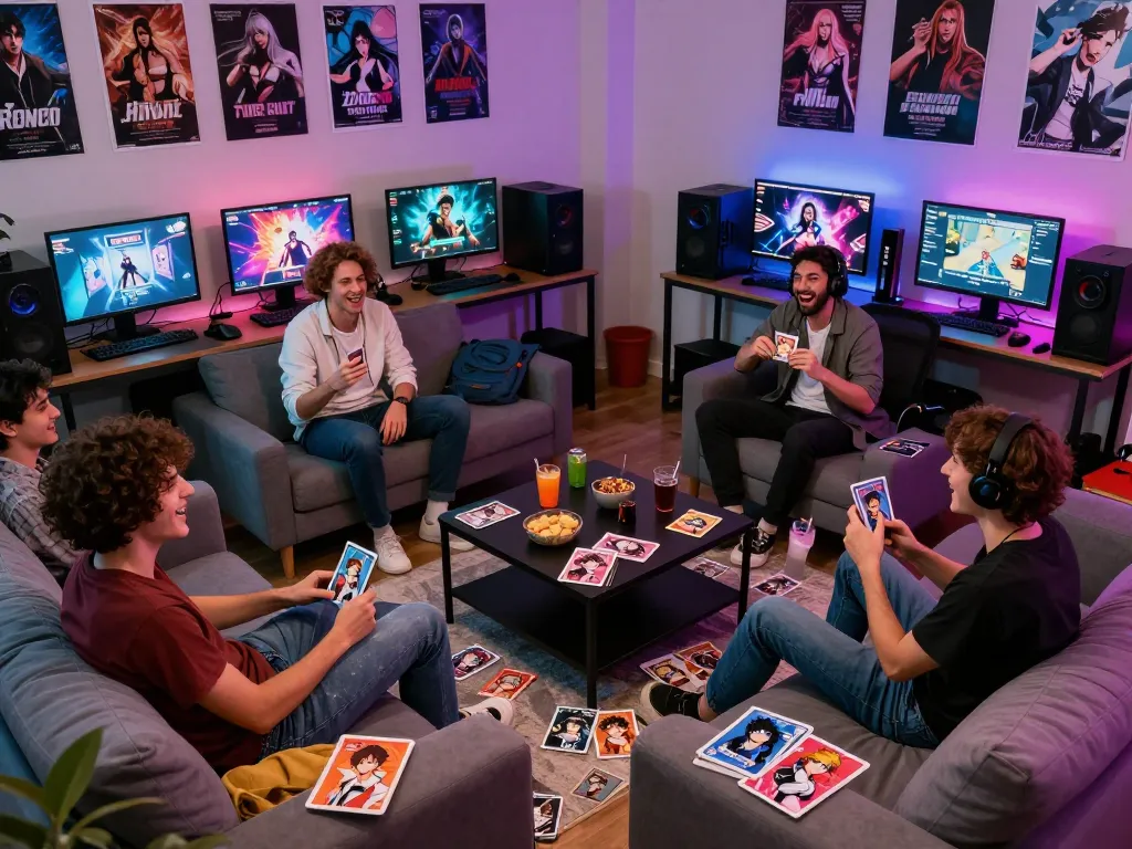 Gamers enjoying porngames together in a cozy living room atmosphere.