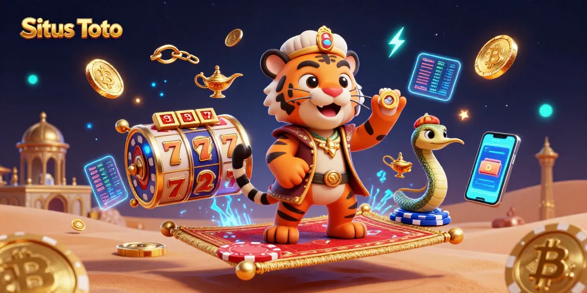 Situs Toto features a vibrant 3D illustration of a tiger sultan on a poker chip carpet amidst engaging slot game elements.